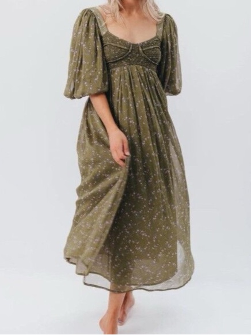 Olive Green Maxi Dress with Puff Sleeves